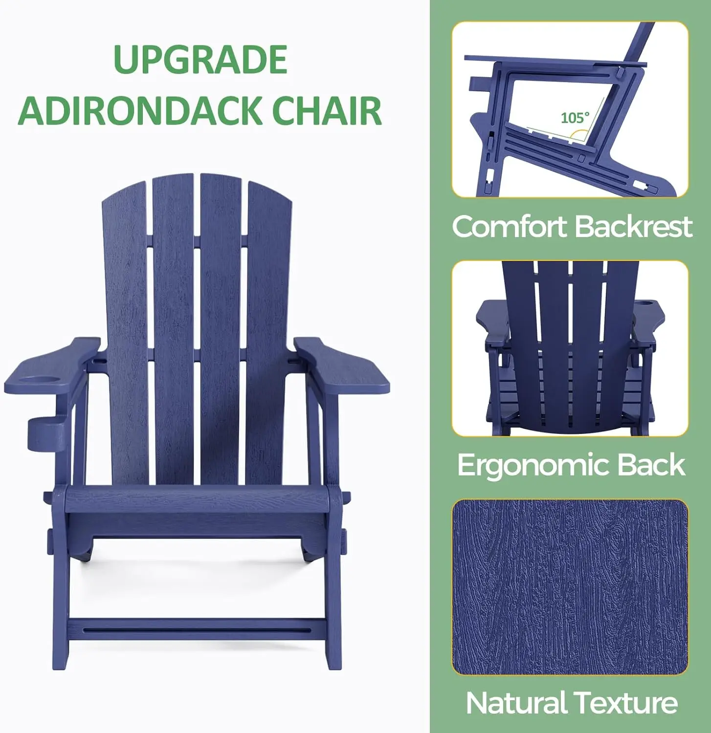 Adirondack Chair. Plastic. No Screws. Cup Holder. 400 LBS. Recliner. Garden Chair. Backyard, Lawn, Beach. Navy Blue.