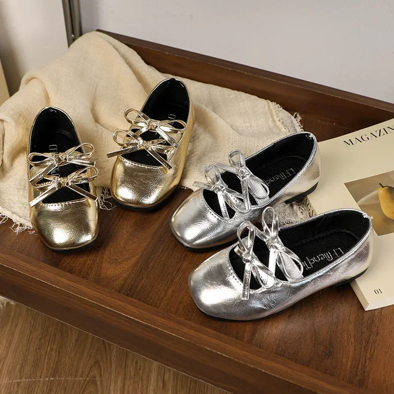 Girls Princess Ballet Shoes Gold Silver Versatile Children's Leather Shoes Fashion Sweet Kids Causal Performance Flat New