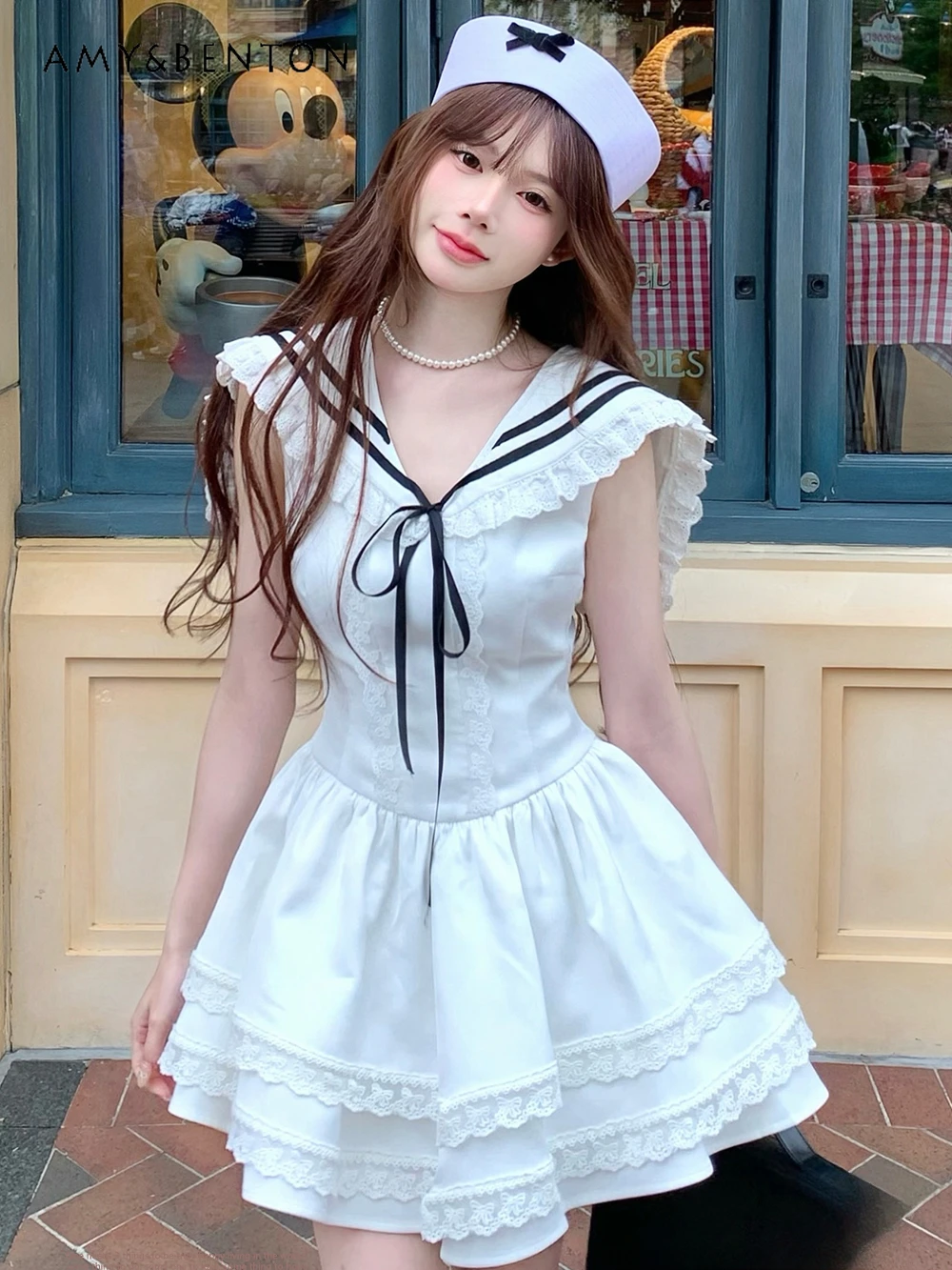 

Sweet Cute Sailor Collar Sleeveless Slim Dress for Women Summer New Kawaii Elegant Princess Ball Gown Dresses Y2K White Dress