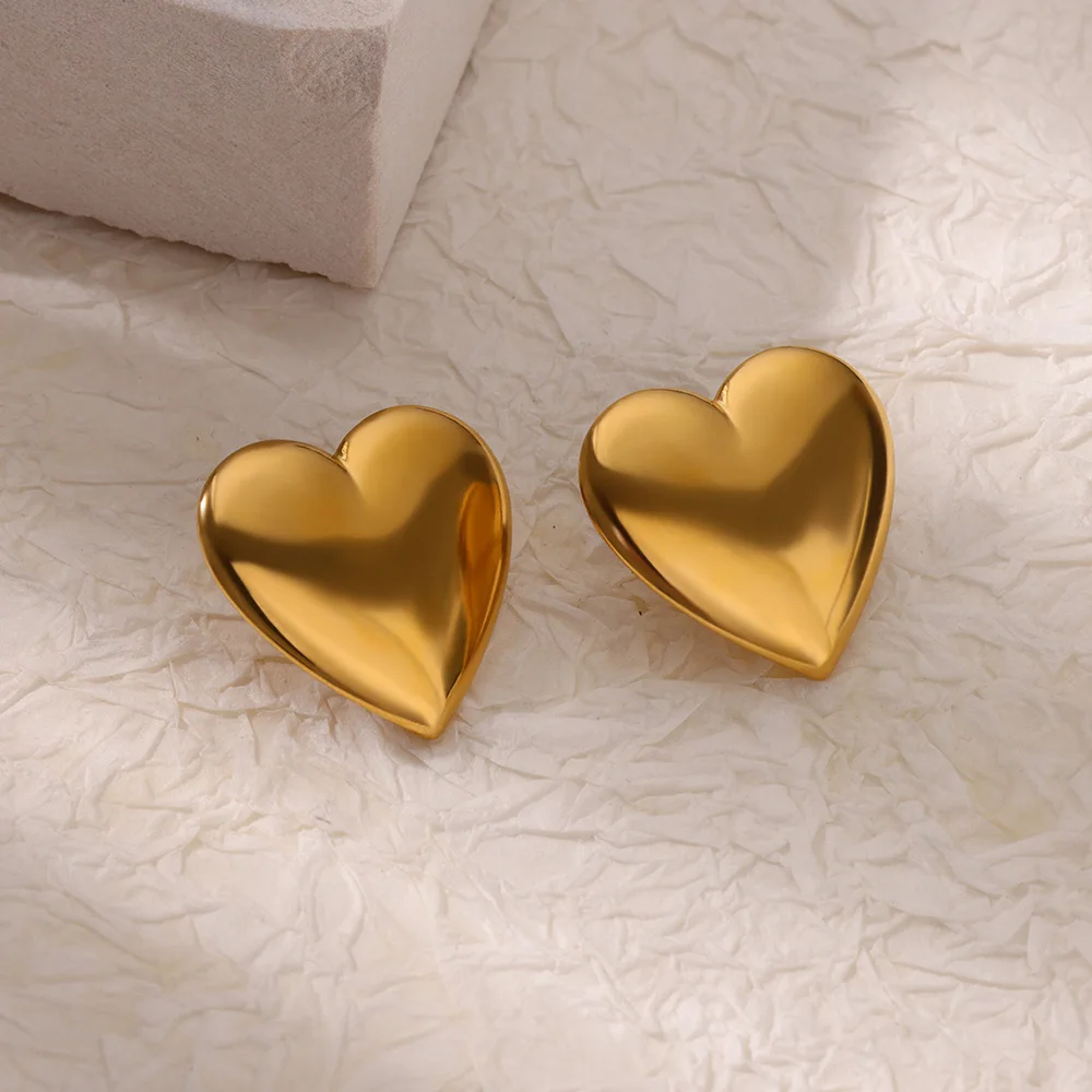 Heart Stainless Steel Stud Earring for Women Gold Color Chunky