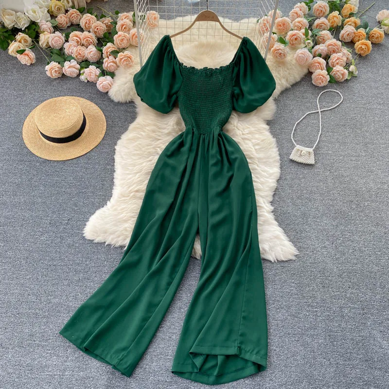 

Age-reducing Puff Sleeves Elastic Slim Long Jumpsuit Women's Summer New Simple Solid Color Wide-leg Pants