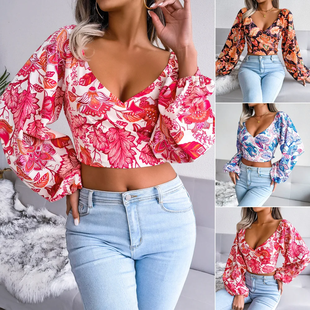 

Spring And Summer Women's V-Neck Lantern Long-Sleeved Floral Chiffon Shirt Holiday Style Exposed Navel Top Lady Fashion Tops