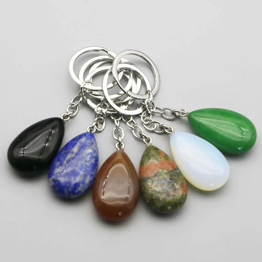 Natural Stone Water Drop Crystal Agate Key Chain Fashion Luggage Pendant Stainless Steel Keys Ring Quality Jewelry Wholesale 4Pc