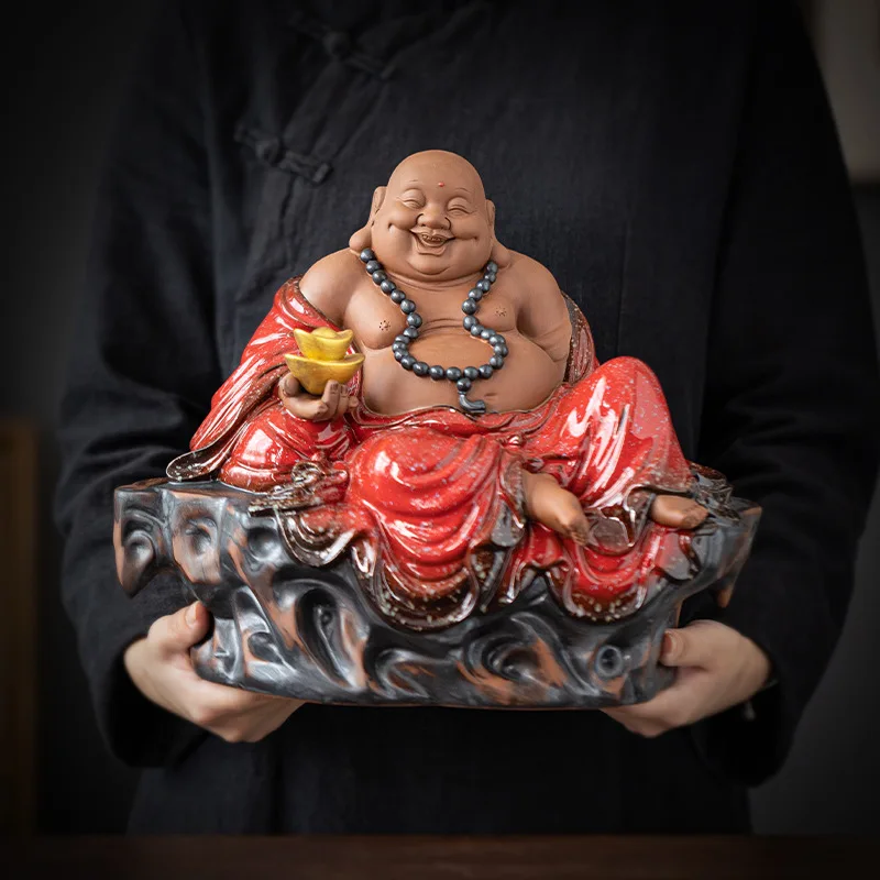 

Large Yixing Clay Crafts Ceramic Big Belly Maitreya Buddha Smiling Buddha Decoration Lobby Living Room Entrance Company Opening