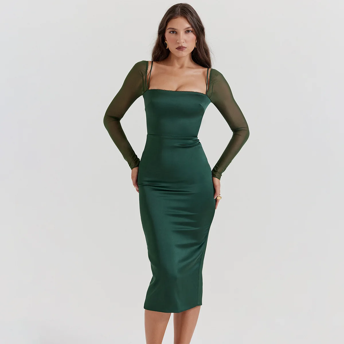 

Square Collar Mesh Long Sleeve Patchwork Midi Dress Women Elegant Birthday Party Dresses Low Back Split Green Dress Vestidos