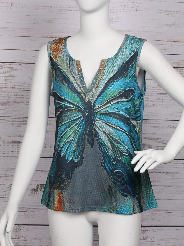 

Summer Sleeveless Shirts Fashion Butterfly Oil Painting Tank Top Women Casual Camisole Cute Printed T-shirt Sexy Hollow Out