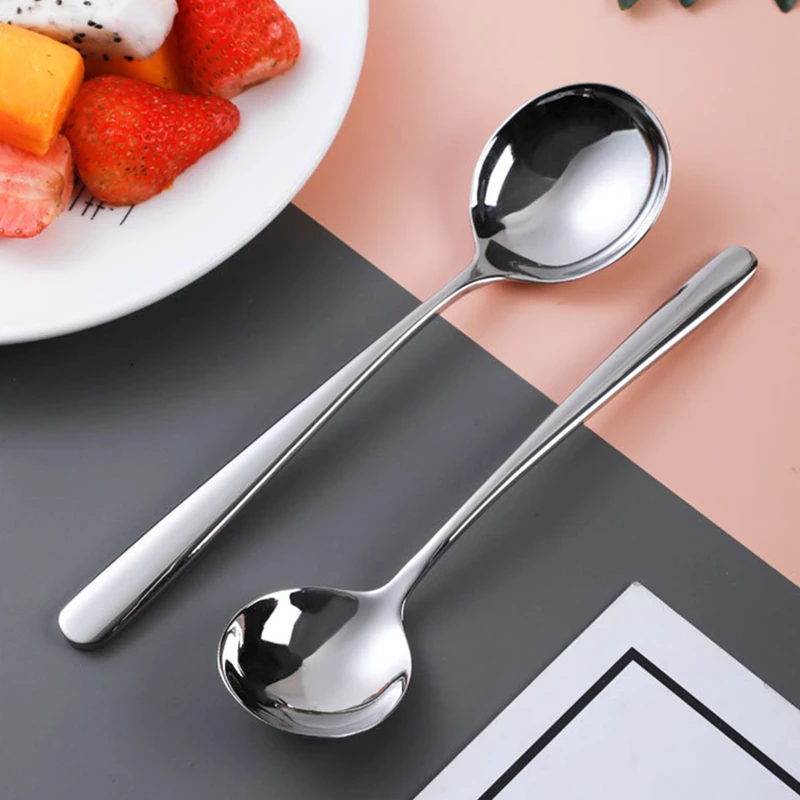 Stainless Steel Spoon 2 Sizes Long Handle Ramen Spoon Soup Ladle Stainless Steel Tableware Children's Ice Cream Teaspoons Korean Cutlery Tablespoon