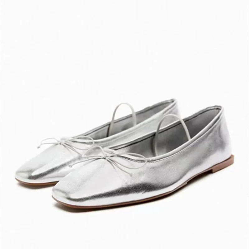 

2023 Spring/Autumn Silver Flats Mary Jane Shoes Round Toe Bowknot Women's Shoes Bow Ballet Flats Women Shoes