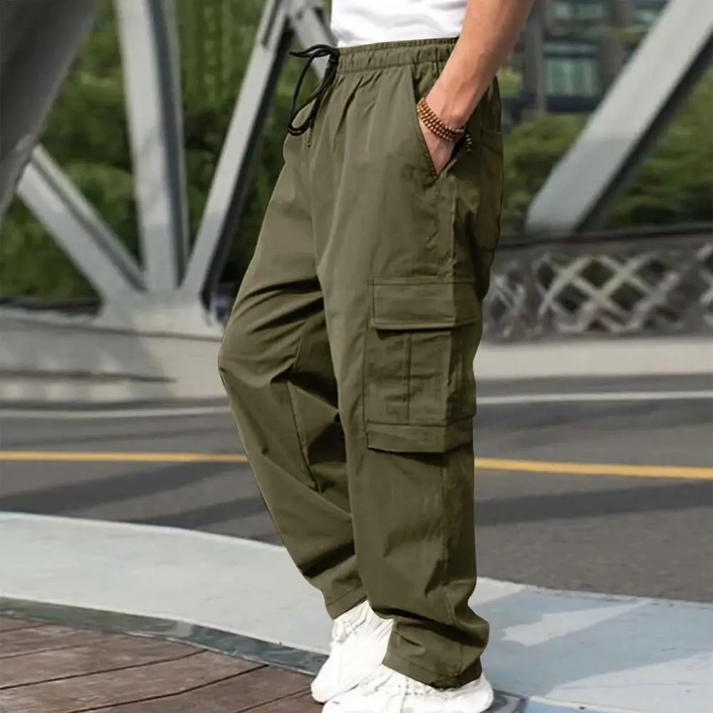 

Men Long Trousers Streetwear Men's Cargo Pants with Drawstring Waist Multiple Pockets for Comfortable Stylish Everyday Wear Men