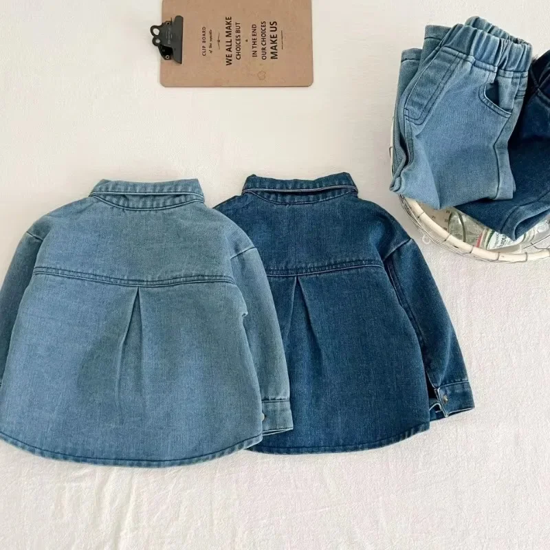 2025년 여아 봄 가을 아동 남아 2PCS 의류 세트 면 턴다운 칼라 데님 코트 + 단색 청바지 바지 남자아이 의상