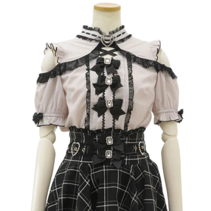 Gothic Lolita Blouses Women Sweet Bow Off Shoulder JK Shirt Japanese Girls Elegant Love Heart Lace Ruffles Blusas Mujer Tops [fila]love shoulder bag