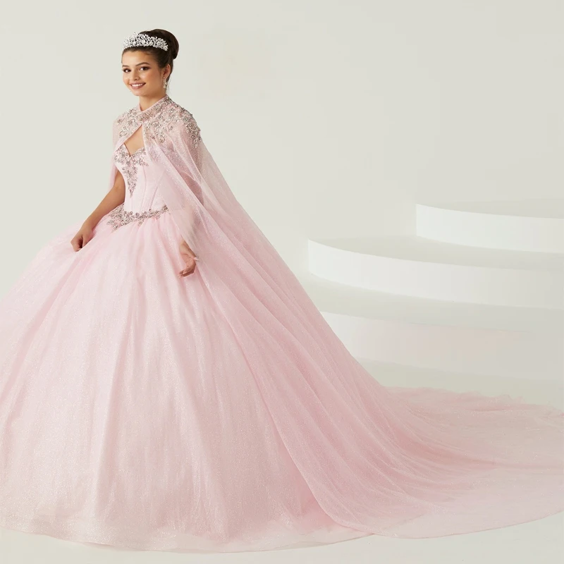 

Pink Shiny Ball Gown Quinceanera Dress 2024 Lace Beads With Cape Tulle Princess Sweet 16 Vestido De XV Años Brithday Party Gown
