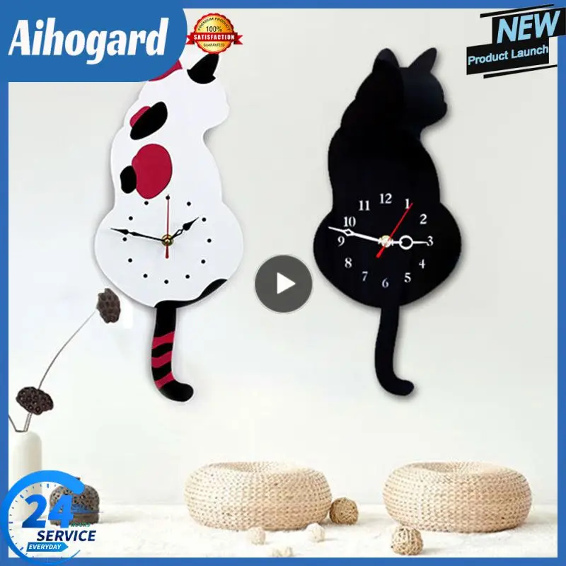 Rocking Tail Cat Hanging Clock Modern Children's Room Moving Tail Cat Clock Acrylic Mute Quartz Acrylic Mirror Stickers