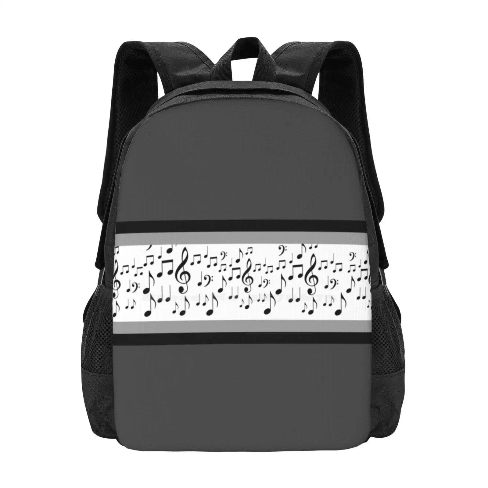 

Musical Grey Spiritwear-Thick Fashion Pattern Design Travel Laptop School Backpack Bag Black Grey Musical Notes Marching Band