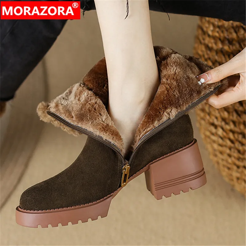 

MORAZORA 2024 New Zipper Ladies Platform Ankle Boots Cow Suede Winter Boots Woman Popular Nature Wool Snow Boots