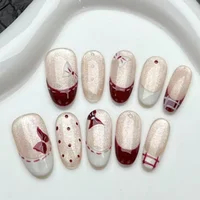 10pcs Purple Cat's Eye Handmade Fake Nails Tips Glitter Mid-length Oval Press on Nails Art Bow Rhinestone Design False Nail Sets 4