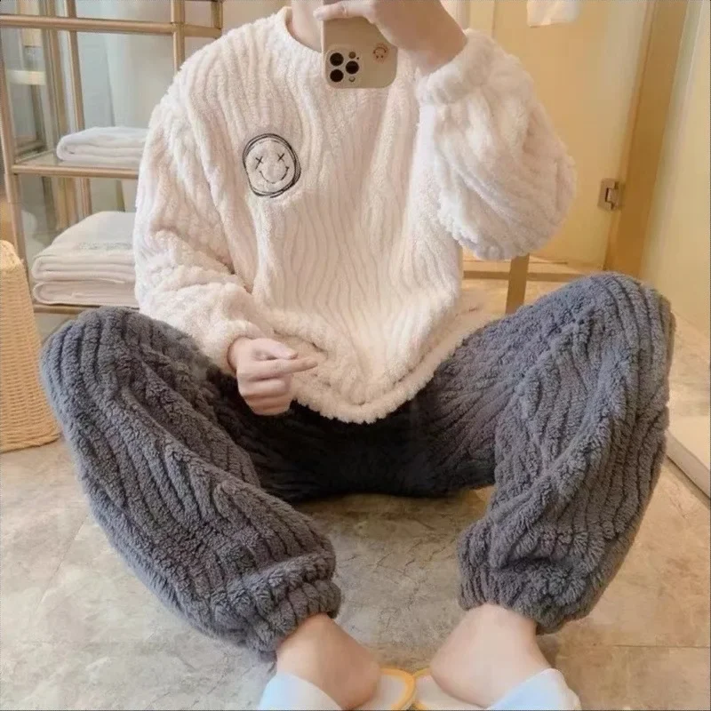 Pajama Set Men Autumn Winter Thickened Fleece-lined Long Plush Korean Style Home Clothes Two-piece Suit