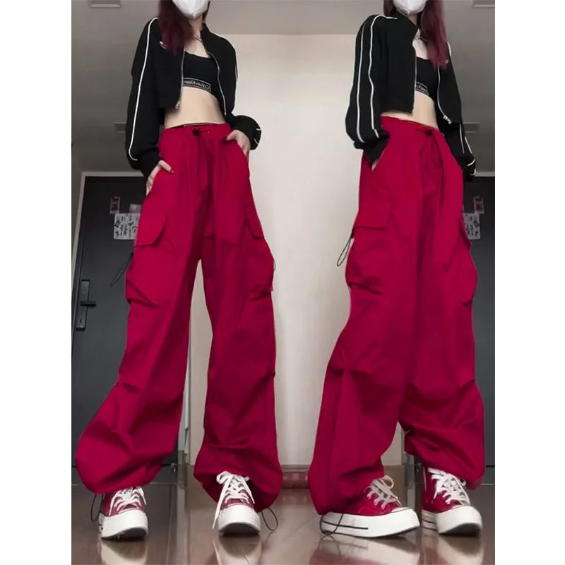 Europe Thin High Street Joggers WomenCargo Straight Leg Bind Your Feet Y2k Pants Retro Red  SweatpantsHiphop Tooling Comfortable