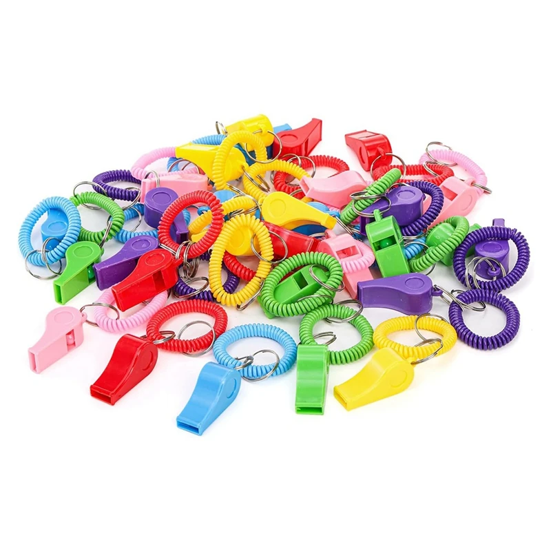 Pack Of 30 Plastic Sport Whistles With Coil Wrist Bracelet Attachments, Keychain Rings For Coaching And Officiating Duties.