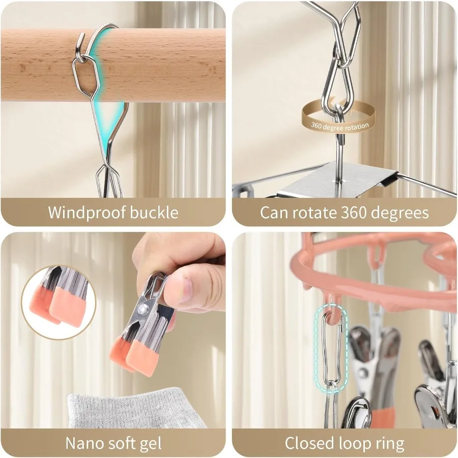 24Clip Stainless Steel Sock Hanger for Drying Clothes Underwear Bras Baby Lingerie Herbs Flowers and Laundry Portable Hanging R