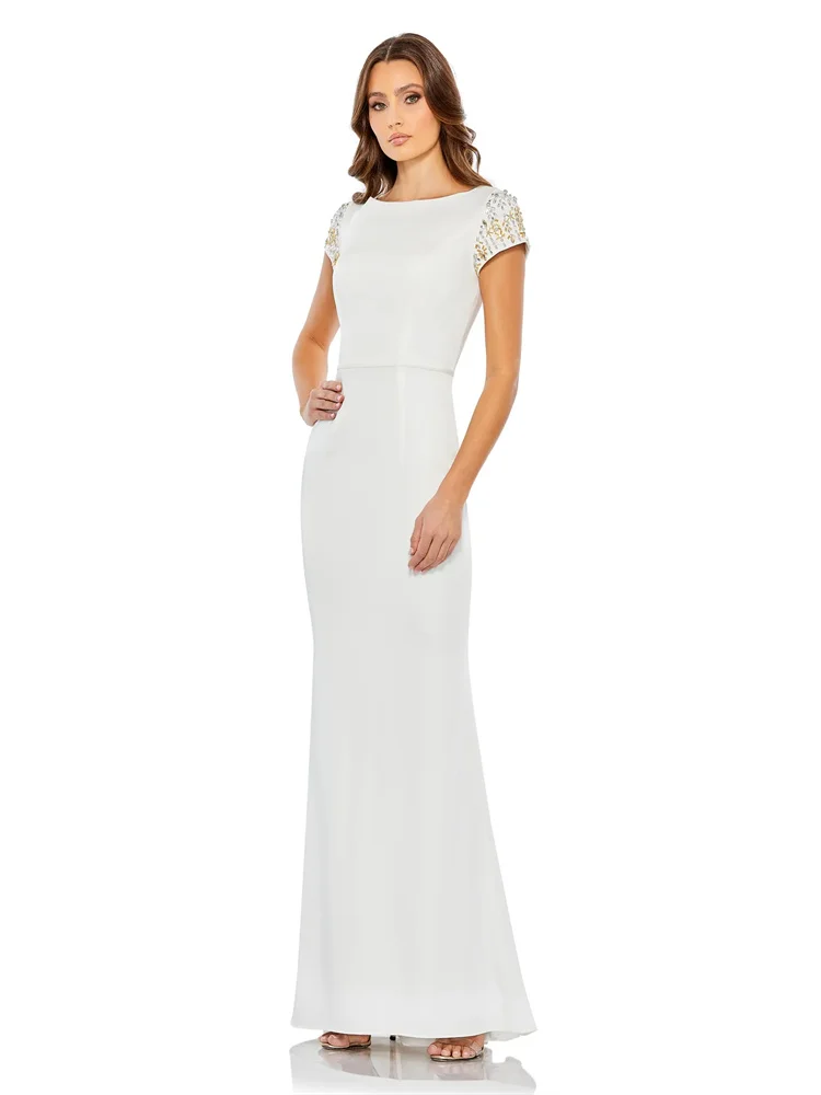 Straight Elegant Mother Of The Bride Wedding Party Dress Satin O Neck Short Sleeves Back Zipper Floor Length With Embroidery