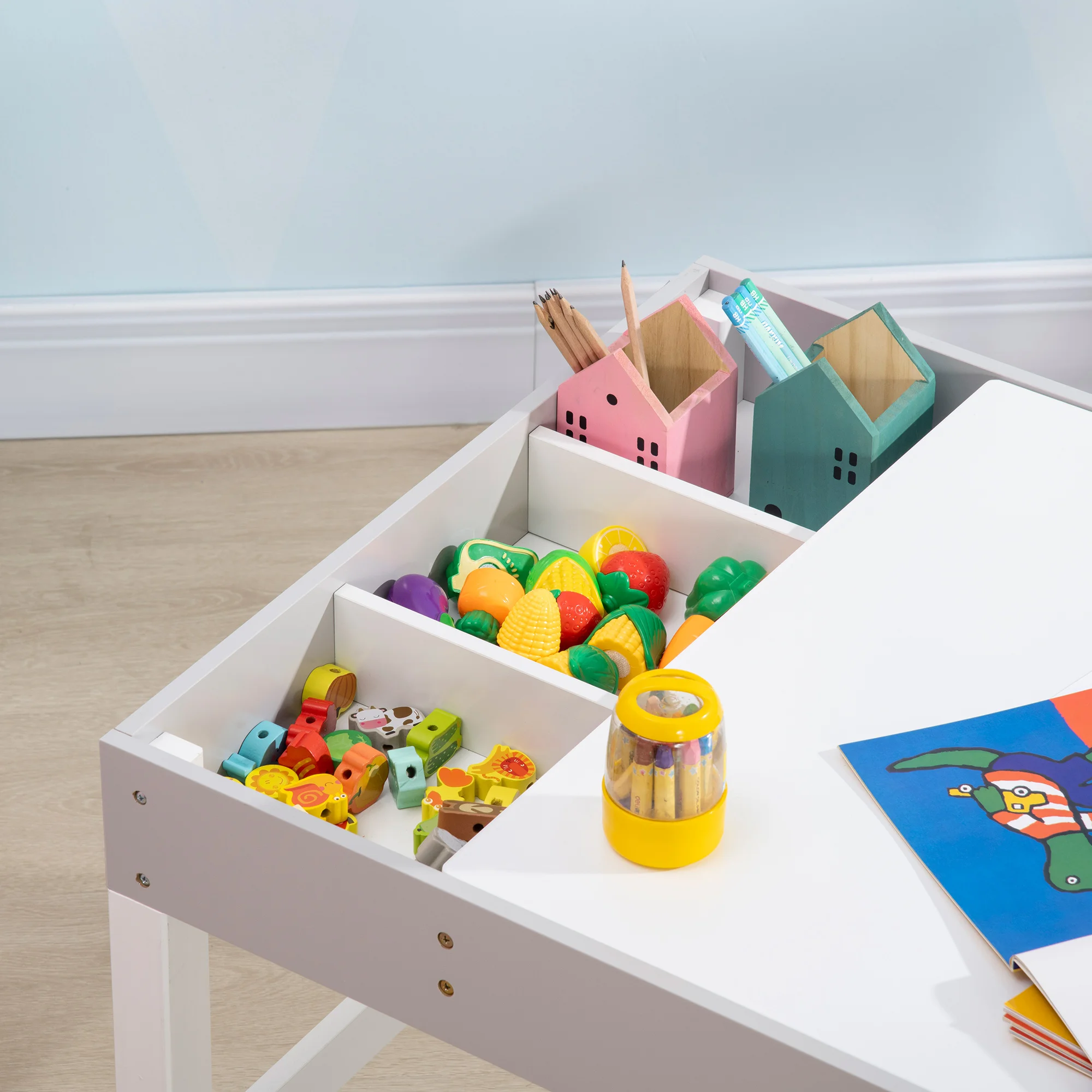 Kids Table and Chair Set with Building Blocks Desktop, Storage Spaces, Grey 6