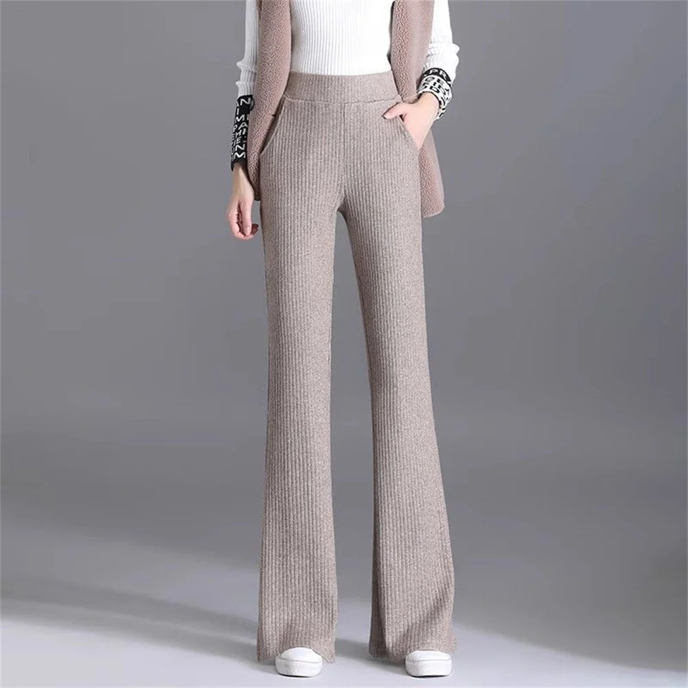 Damen-Schlaghose aus Wollmischung, Herbst-Bootcut-Hose, elastische Taille, zierlich, normal, lang, Mädchen-Kleiderhose, dick, offiziell, lässig – Detail 1
