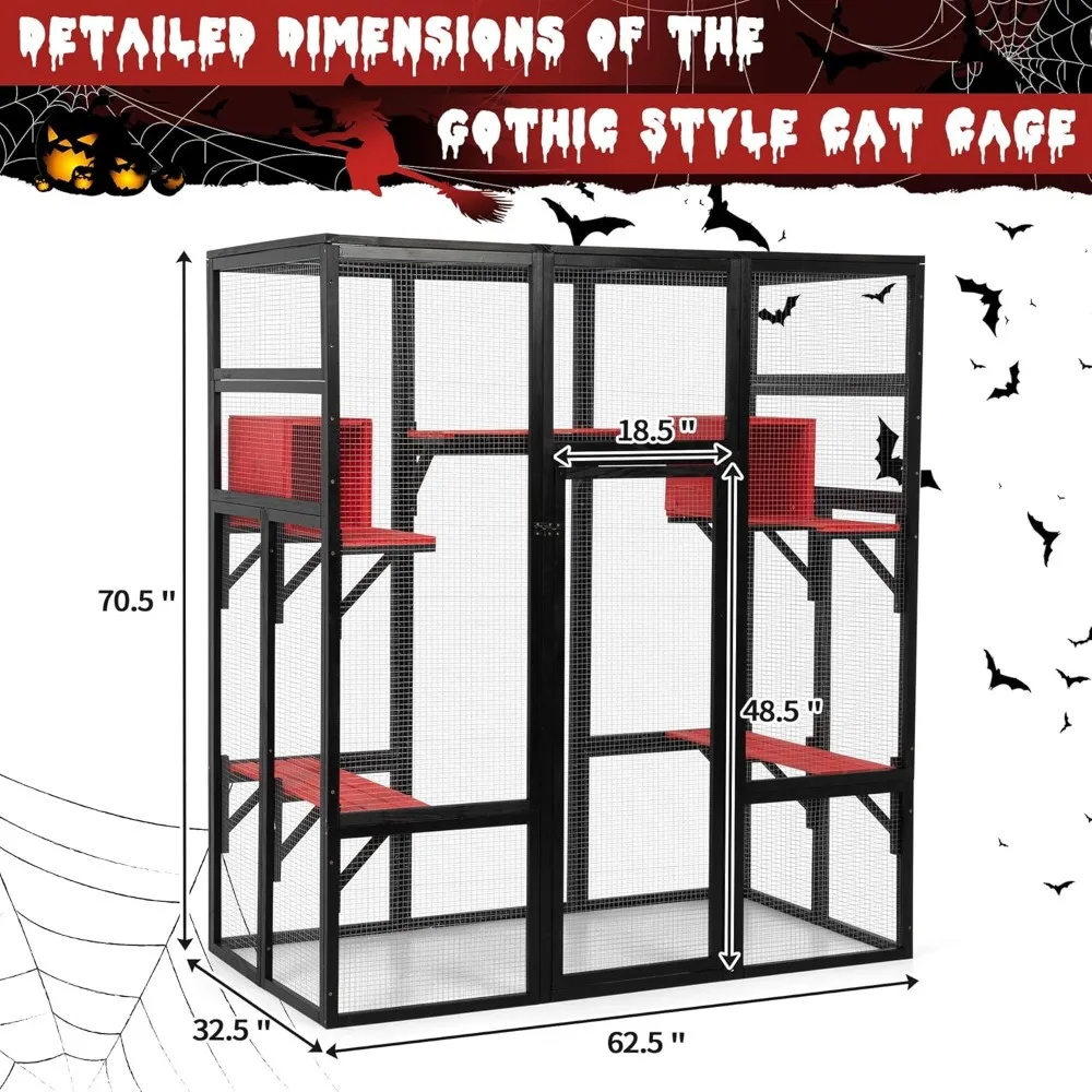 70Inches Large Spacious Wooden Catio Outdoor Cat Enclosure with Perches and Condos, Cat Cage Indoor with Waterproof Roof