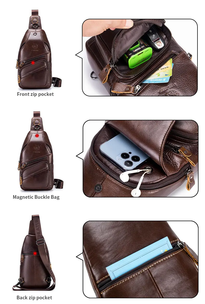 SCHLATUM Echte Leder-Brusttasche für Herren, modische Reisetasche mit Reißverschlussfach, multifunktionale Umhängetasche. – Detail 8
