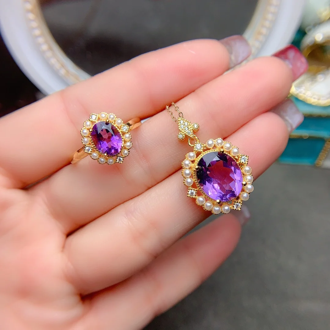 

Elegant Jewelry Set Ladies Sterling Silver 925 All Natural Amethyst Set Shipping free Wholesale elegant Christmas gift boutique