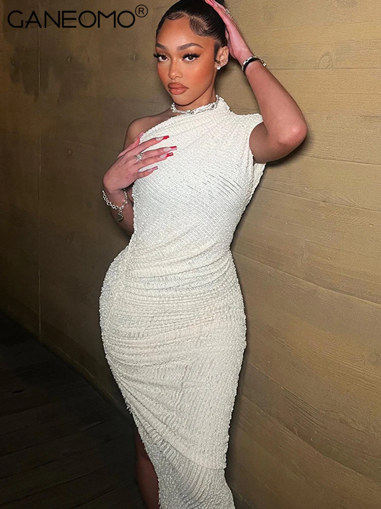 

One Shoulder Midi Dress Women 2023 Summer Sexy Evening Party Bodycon Slit Prom Long Dresses Elegant Vacation Nightclub Clothes