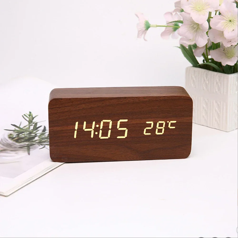 Digital Alarm Clock, Wooden LED Display, 3 Alarm Settings with Temperature Display, Bedroom, Office, Travel Desk Decoration 2