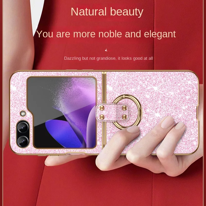 Case for Samsung Galaxy Z Flip 5, Luxury Electroplated Golden Frame PU  Leather Case with Ring Holder Kickstand Ultra-Thin Women Stylish Elegant  Case
