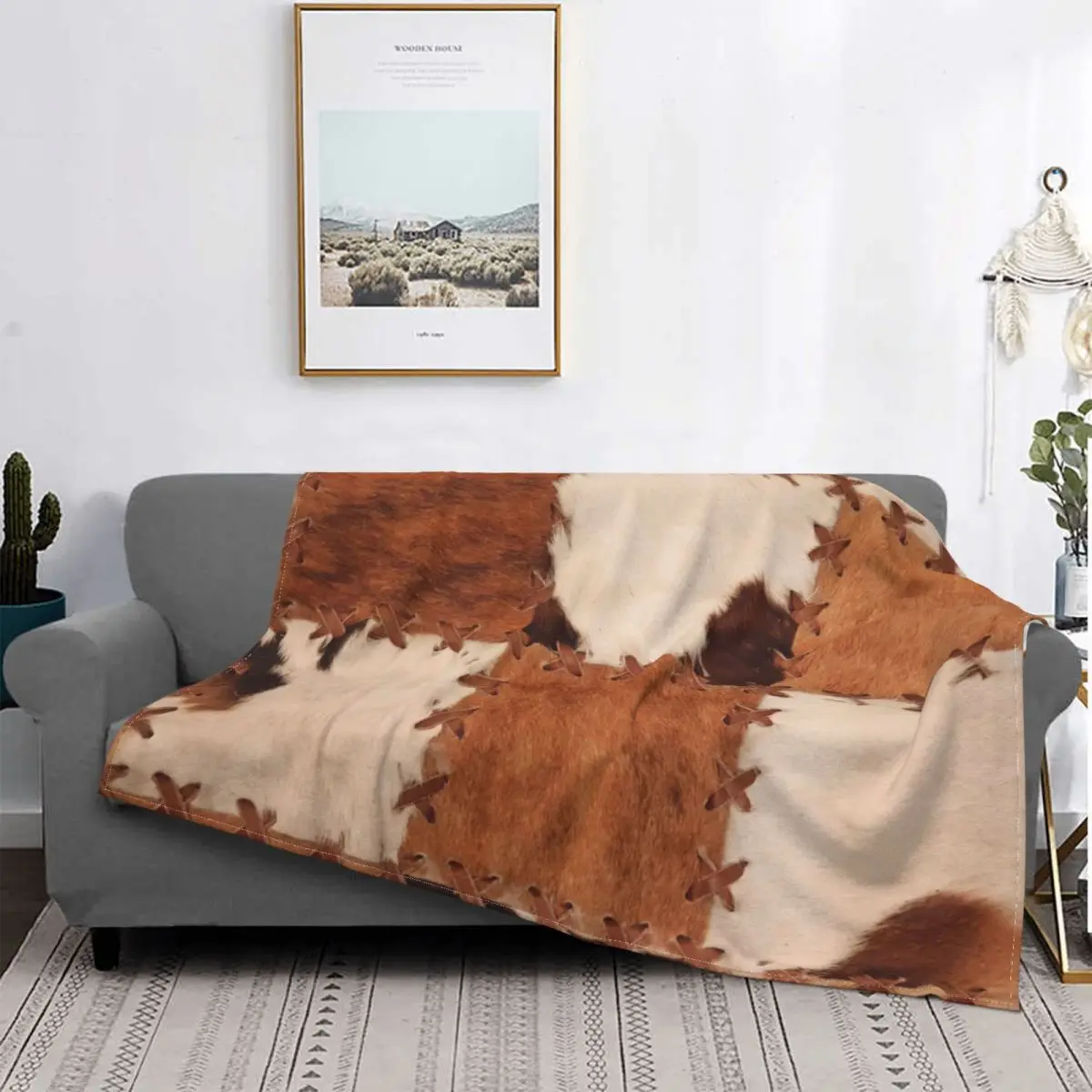 

Patchwork Cowhide Rustic Western Decor Blankets Coral Fleece Plush All Season Breathable Soft Throw Blanket Bedroom Rug Piece