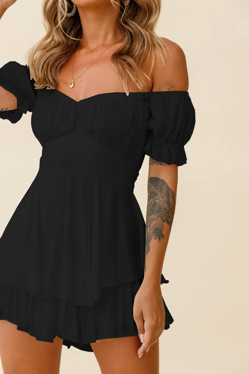 

Jumpsuit for Women Solid Fashion Sexy One Line Neck Lantern Ruffle Sleeve Casual Summer Streetwear Women's Short Pants Bodysuit