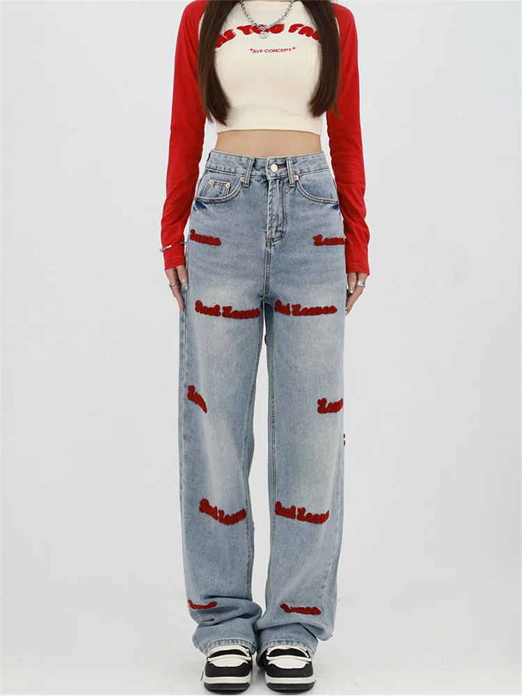 

2023 Spring Summer Trend Pants Streetwear Letter Embroidery Jeans Woman High Waist Y2k Straight Baggy Fashion Women's Jeans New