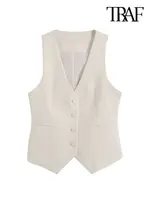 TRAF Women Fashion Front Button Fitted Waistcoat Vintage Sleeveless Welt Pockets Female Outerwear Chic Vest Tops