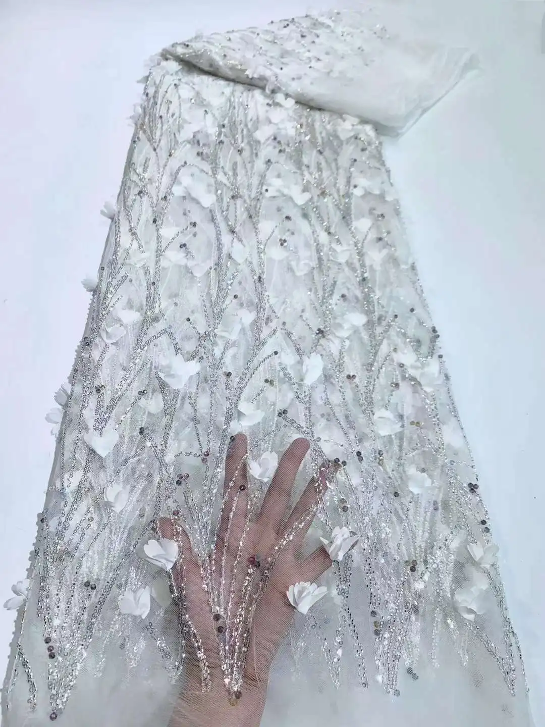 

White Luxury African Handmade Rhinestones Beads 3D Flowers Lace Fabric French Embroidery Nigerian Material for Lady Dress