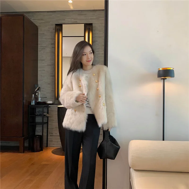 Miss Beast's Same Vintage Light Luxury Tuscan Fur All-in-one Coat Women's Double-breasted Lamb Wool Coat