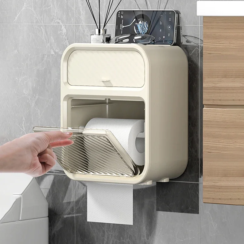 Toilet Paper Holder Multifunctional Double Layer Wall Mounted Punch-Free Waterproof Bathroom Tissue Storage Box with Drawer