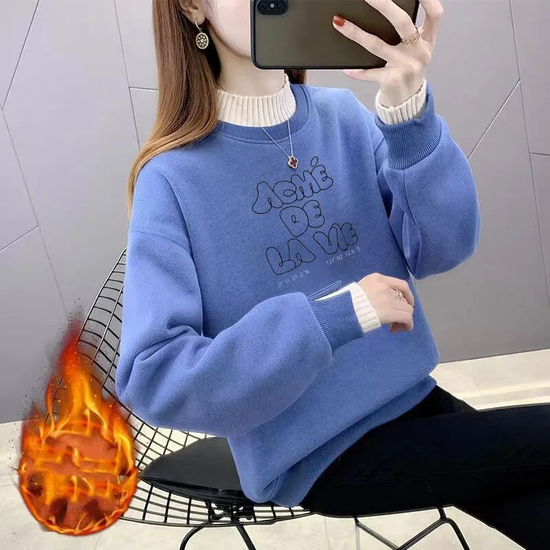 Women's Solid Color Pullover Ruffles Patchwork Printing Sweatshirts Autumn and Winter Korean Half High Neck Long Sleeve Tops