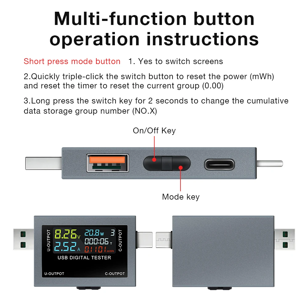 USB Type-C 충전 테스터 DC 4.5-50V 0-8A 다기능 디지털 디스플레이 전압계 전류계 전력계 충전 용량 테스터