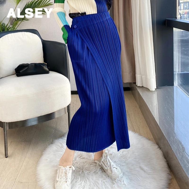 

ALSEY Miyake Pleated Mid-Length Straight Irregular Elastic Waist Solid Colorclothes for women Half-body Skirt Spring Summer New