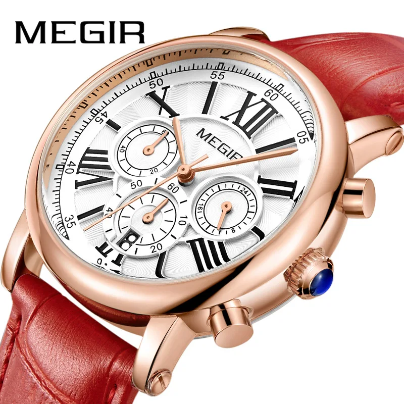 

MEGIR Brand Luxury Chronograph Quartz Watches Women Fashion Red Leather Waterproof 24 Hours Ladies Wristwatch Relogio Feminino