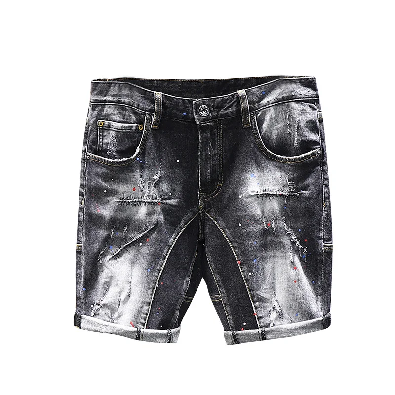Tie-dye Fashion Paint Spots Denim Shorts Men's Summer New Ripped Retro Dilapidated Male Streetwear Short Jeans