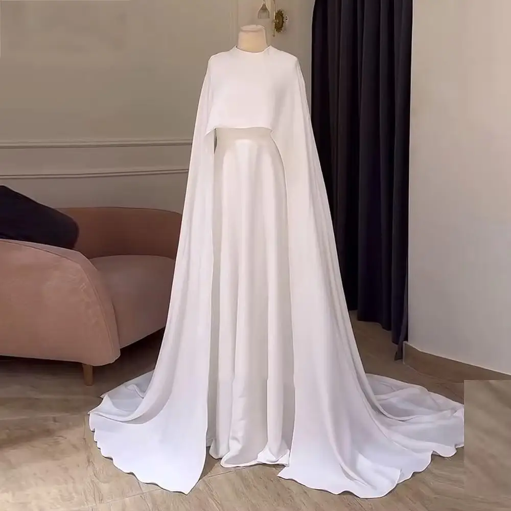 Robe de mariée blanche à col rond, châle, manches longues, boutons, ligne a, arabie saoudite, traîne de balayage, musulmane, longueur au sol, plissée, personnalisée, 2025