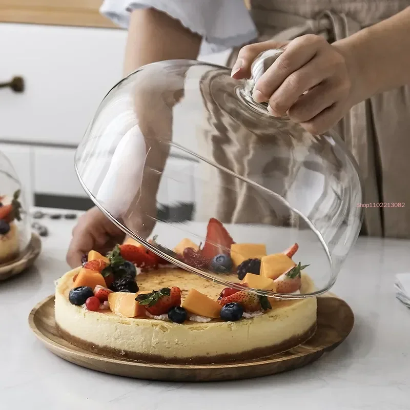 Nordic style Retro Wooden cake plate Glass cover Dessert table display stand tray Home kitchen decoration Festive party