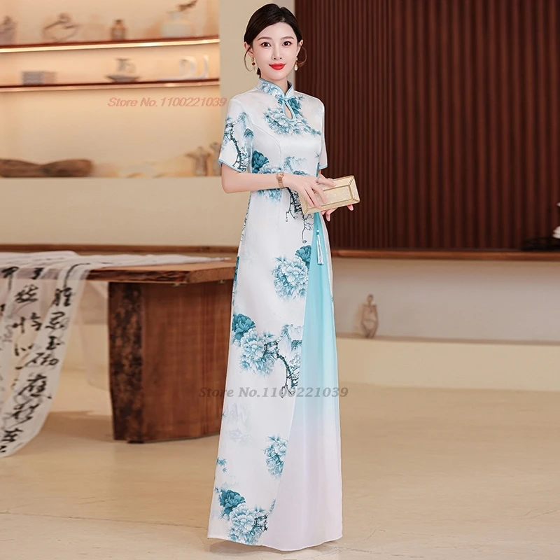 vietnam aodai dress traditional chinese improved qipao flower print cheongsam a-line dress banquet evening vestido
