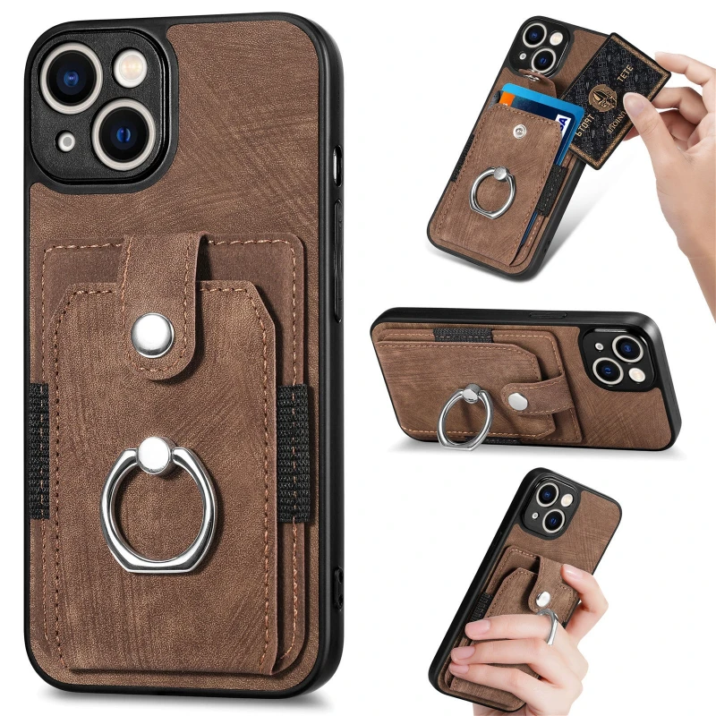 Versatile 360° Rotation Ring Kickstand Leather Wallet Card Holder with Magnetic Car Mount Compatibility