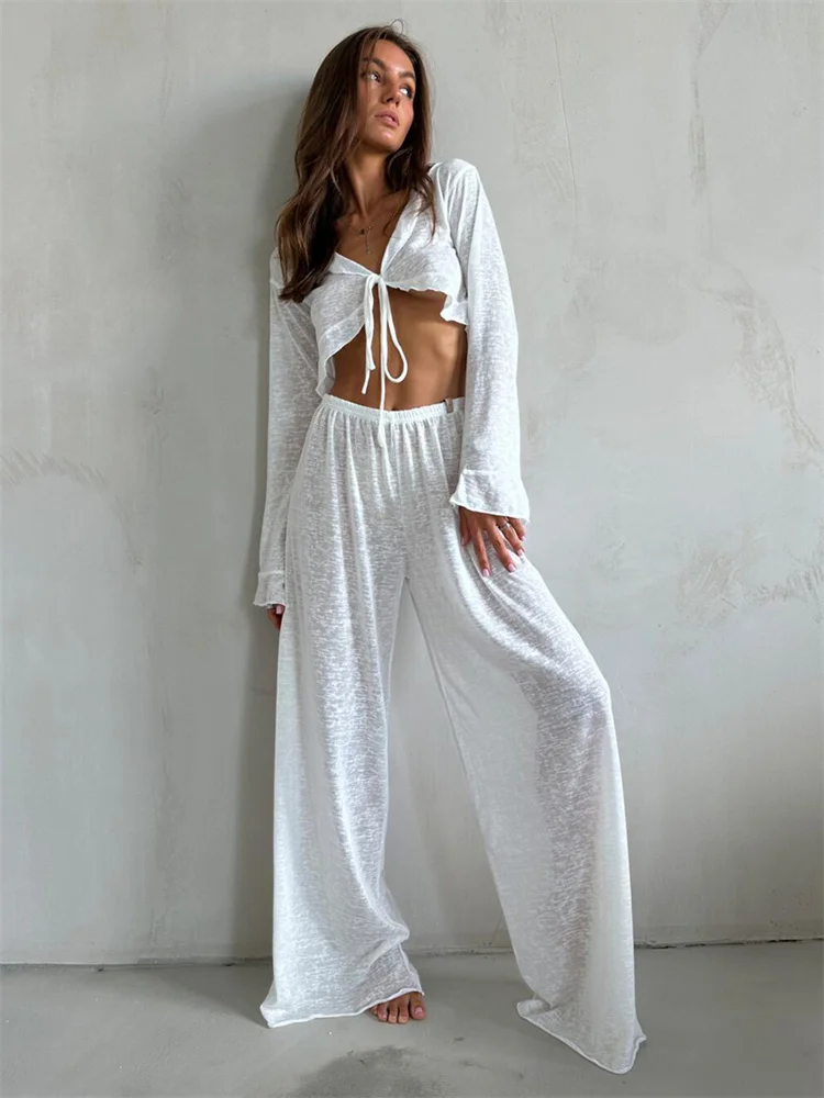 Casual Fashion 2 Piece-Set Trousers For Women V-Neck Lace-Up Long Sleeve Top And High Waist Women's Pants Outfits Female 1 Casual Fashion 2 Piece-Set Trousers For Women V-Neck Lace-Up Long Sleeve Top And High Waist Women's Pants Outfits Female